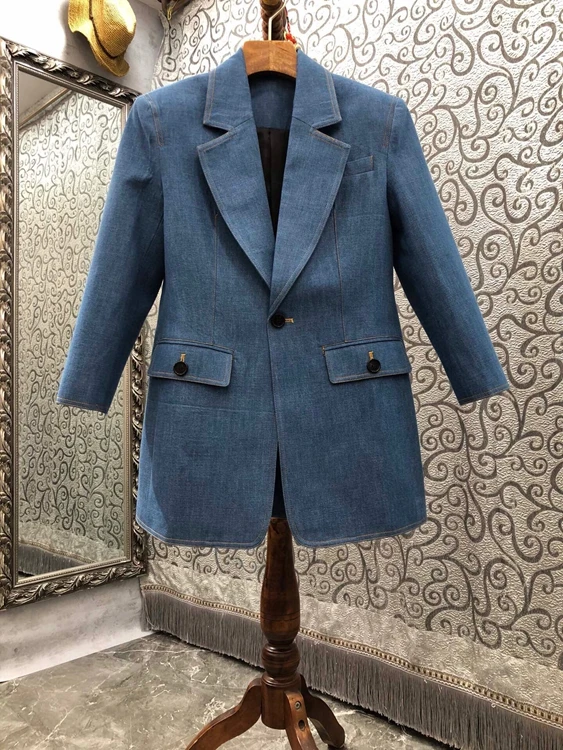 

2022 new women fashion line trim lapels symmetrical pockets trim long sleeve denim suit 221