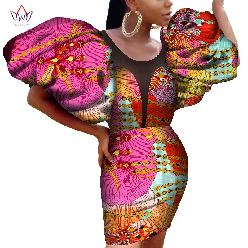 African Summer Pencil Mini Dress for Women BINTAREALWAX Big  Puff Sleeve Above-knee Length Sexy Women Cotton Dress Ankara WY8585