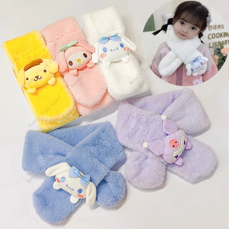 

Kawaii Plush Scarf Thickened Cinnamoroll Kuromi Pom Pom Purin Warm Faux Fur Cross Children Scarves Soft Girl New Year Xmas Gift