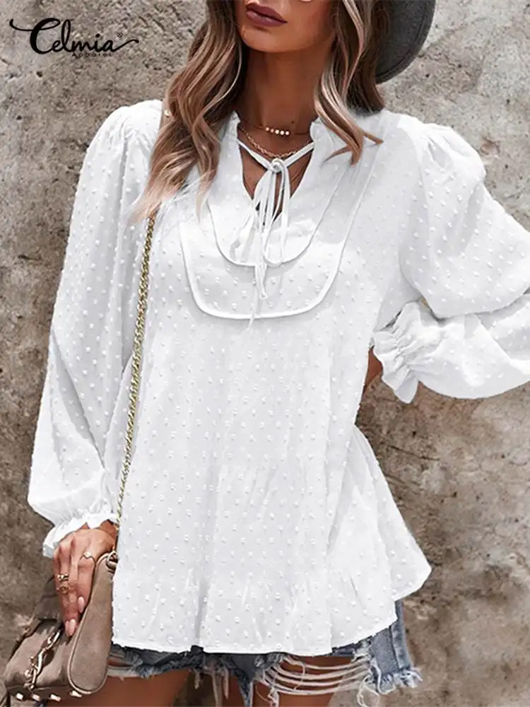 

Celmia Transparent Jacquard 2022 Summer Top Elegant Casual Loose Lantern Sleeve V-neck Lace Up Blouse Women Fashion Street Blusa