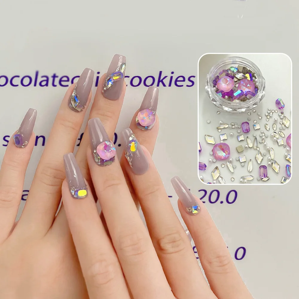 

Aurora Rounded Square Nail Art Decorations 1Box Mixed Shape Crystal Diamond Pearl Charms Pink Purple Gems Manicure Ornament Kits