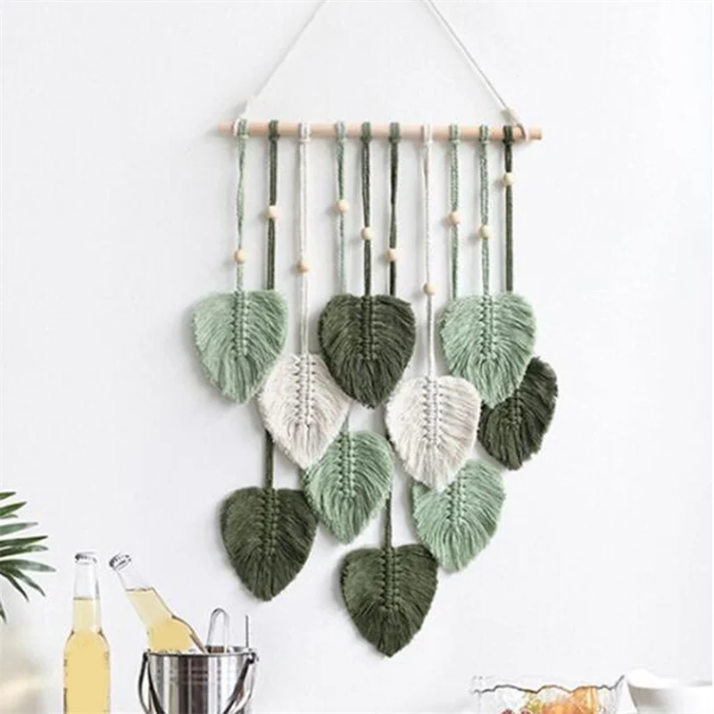 

Woven Leaves Tassels Wall Hanging Ornament Boho Macrame Handmade Yarn Feather Leaf Tapestry For Home Living Room Decors