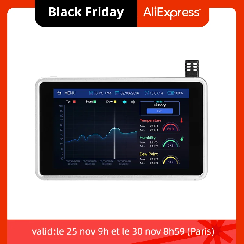 

DT-1700H 7inch Display Data Analysis Temperature and Humidity Data Logger Dewpoint with Time Date Support External Alarm
