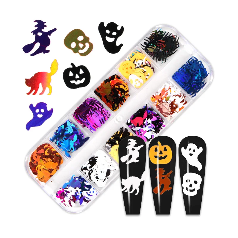 

12 Grids Halloween Nail Sequins Charms Pumpkin Witch Ghost Skeletons Glitter Flakes Holiday Nail Art Decorations Accessories