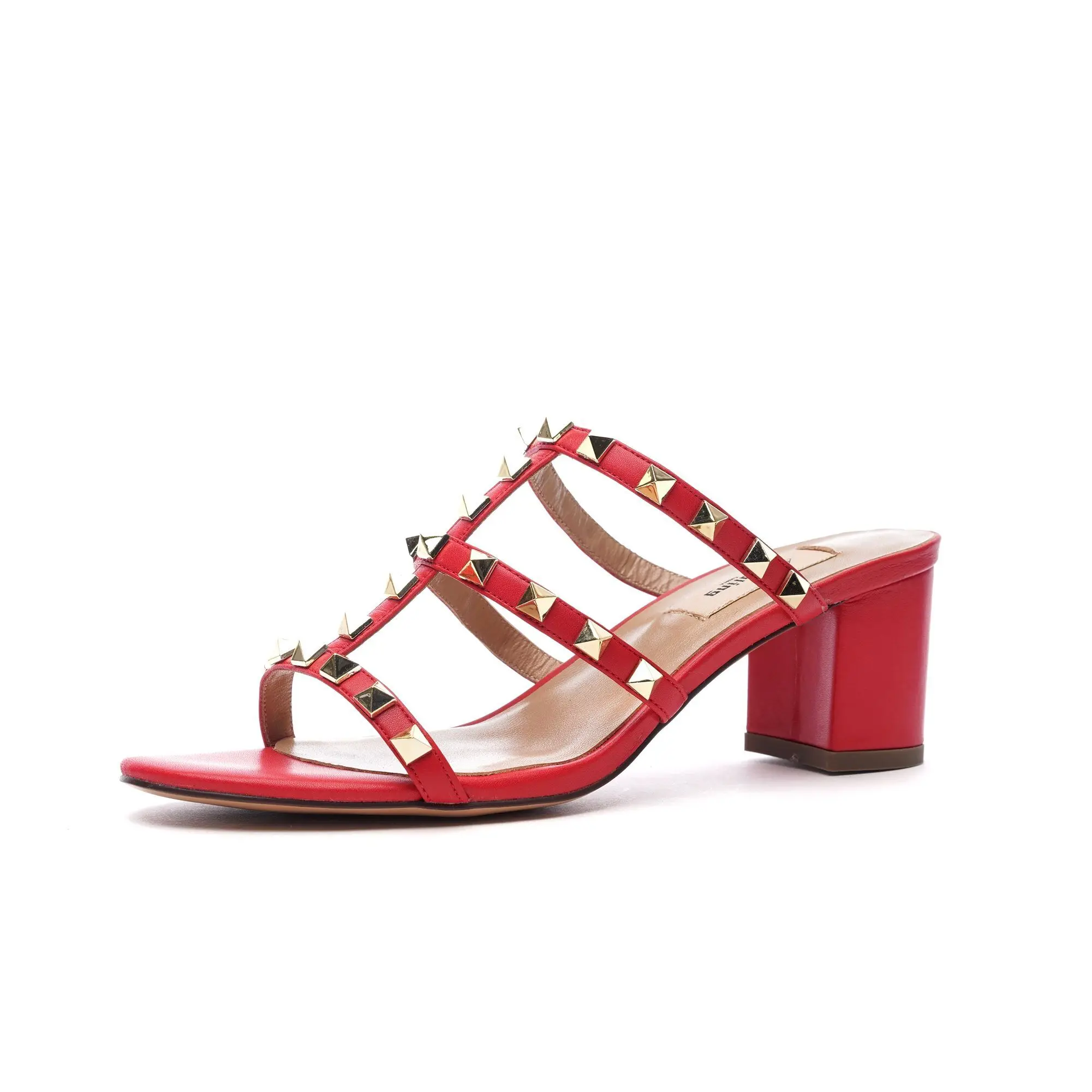 

Women Medium Heels Sandals Fashion Red Leather Open Back Shoes