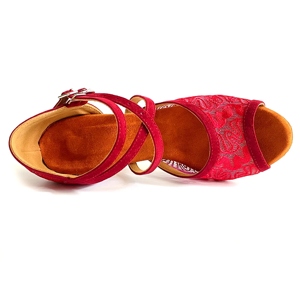 Latin Ballroom Dance Shoes Sexy Party Dance Shoes Cuban Heel 9cm  8cm 7cm New Style Red Lace Salsa Dance Shoes in Suede Outsole