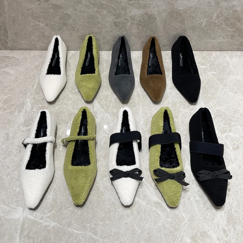 

Fur Women Flats Heeled 2023 New Arrivals Shallow Slip On Loafers Black Green White Casual Flat Dress Shoes Woman Bow Design