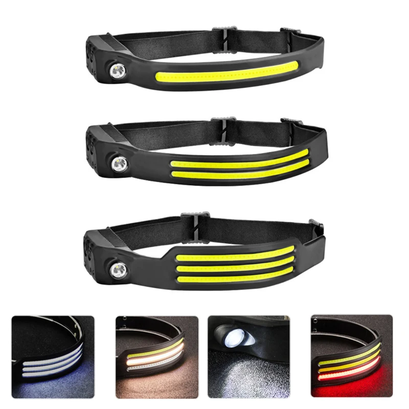 

LED Headlamp COB Head Lamp Built-in Battery Flashlight USB Rechargeable Head Torch 4 Lighting Modes Wave Sensing Head ride Light