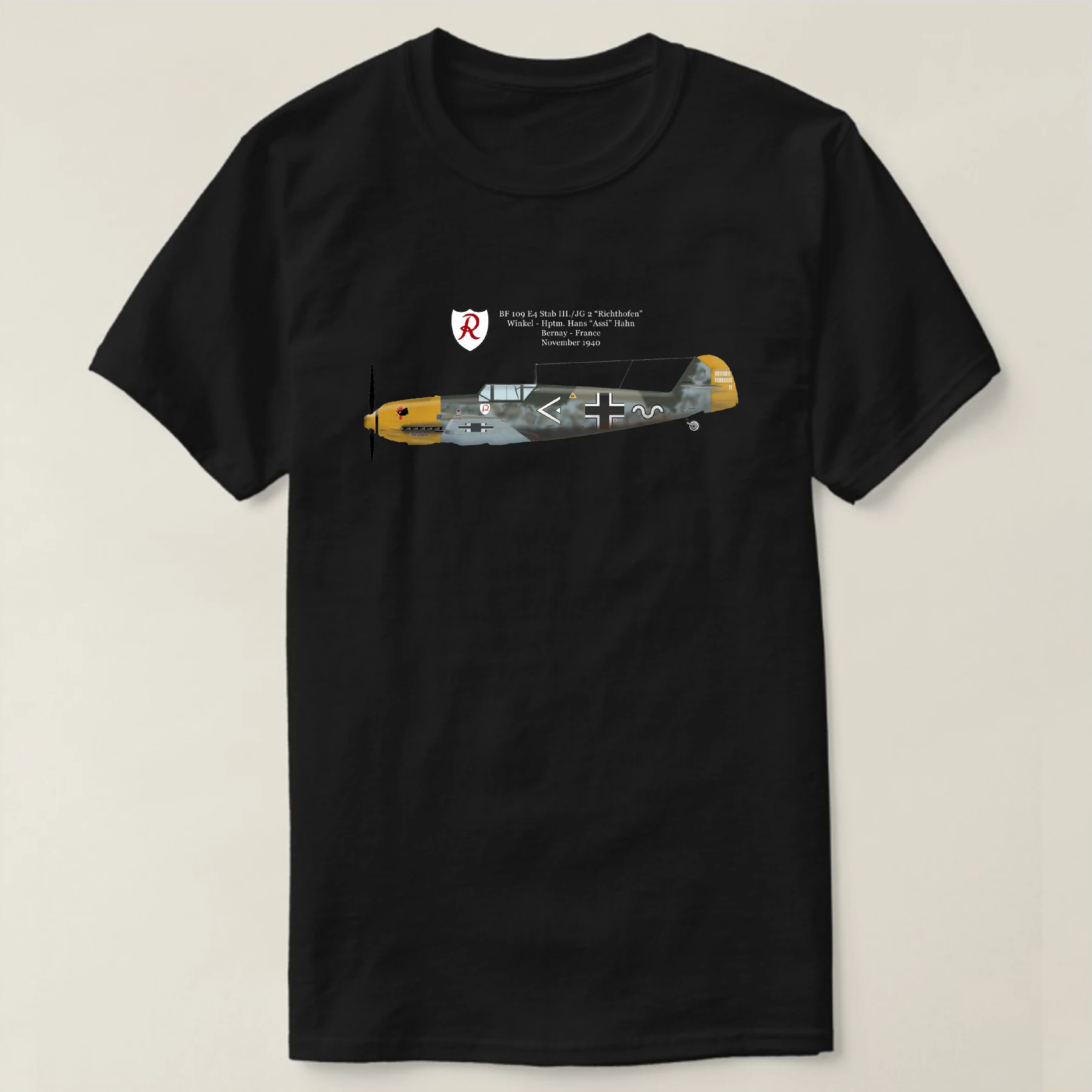 

WWII Luftwaffe Richthofen JG 2 Hans "Assi" Hahn Bf 109 E4 Fighter T-Shirt New 100% Cotton Short Sleeve O-Neck Casual Mens Tshirt