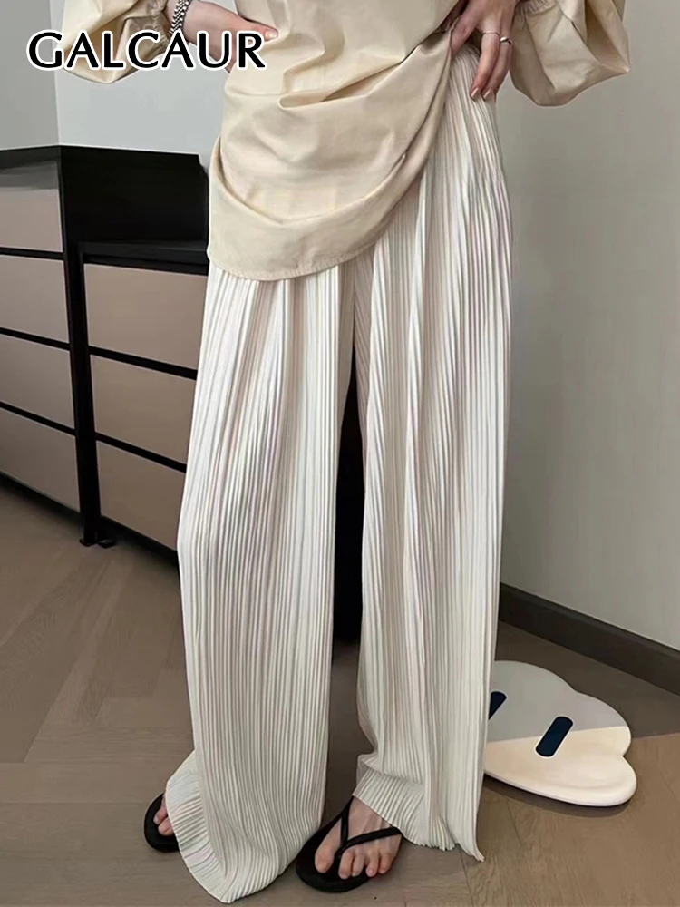 GALCAUR Folds Long Trousers For Women High Waist Loose Minimalist Straight Korean Wide Leg Pants Female Spring Casual Clothes