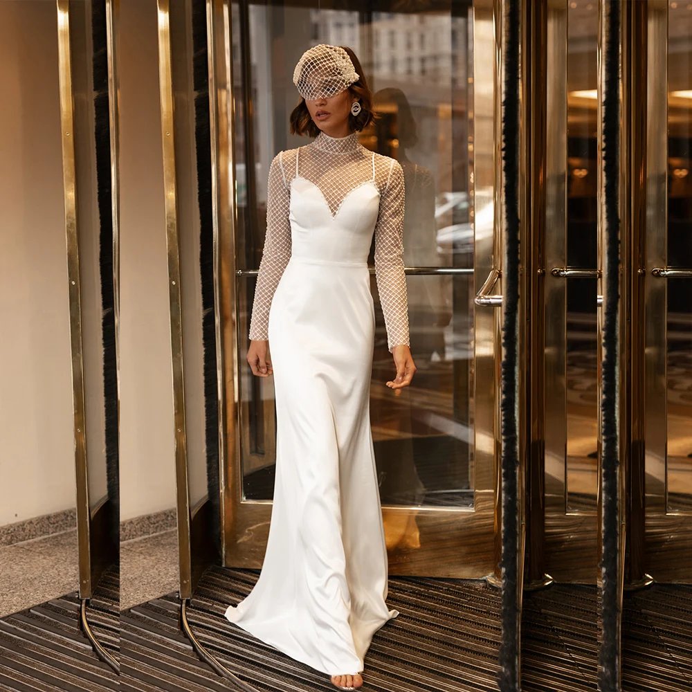 

UETEEY Elegant Mermaid Wedding Dress High Neck Long Sleeves Bride Gowns Sweep Train Buttons Back Vestido De Novia 2022