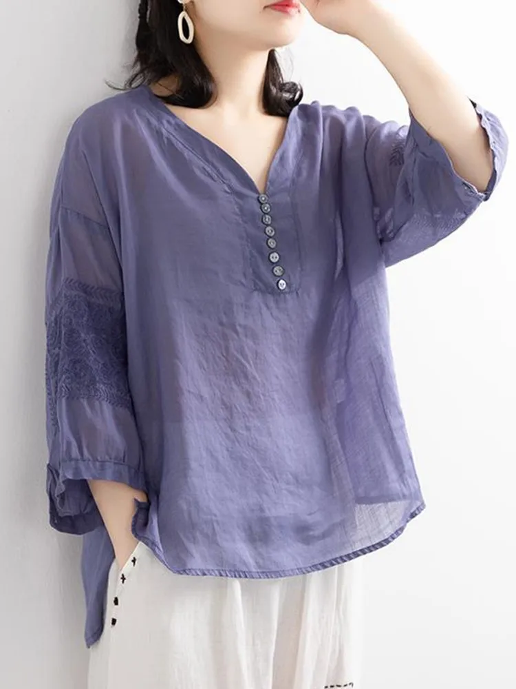 

Women Casual Cotton Shirts New Arrival 2022 Summer Vintage Style V-neck Embroidery Plain Color Loose Female Tops Shirt D097