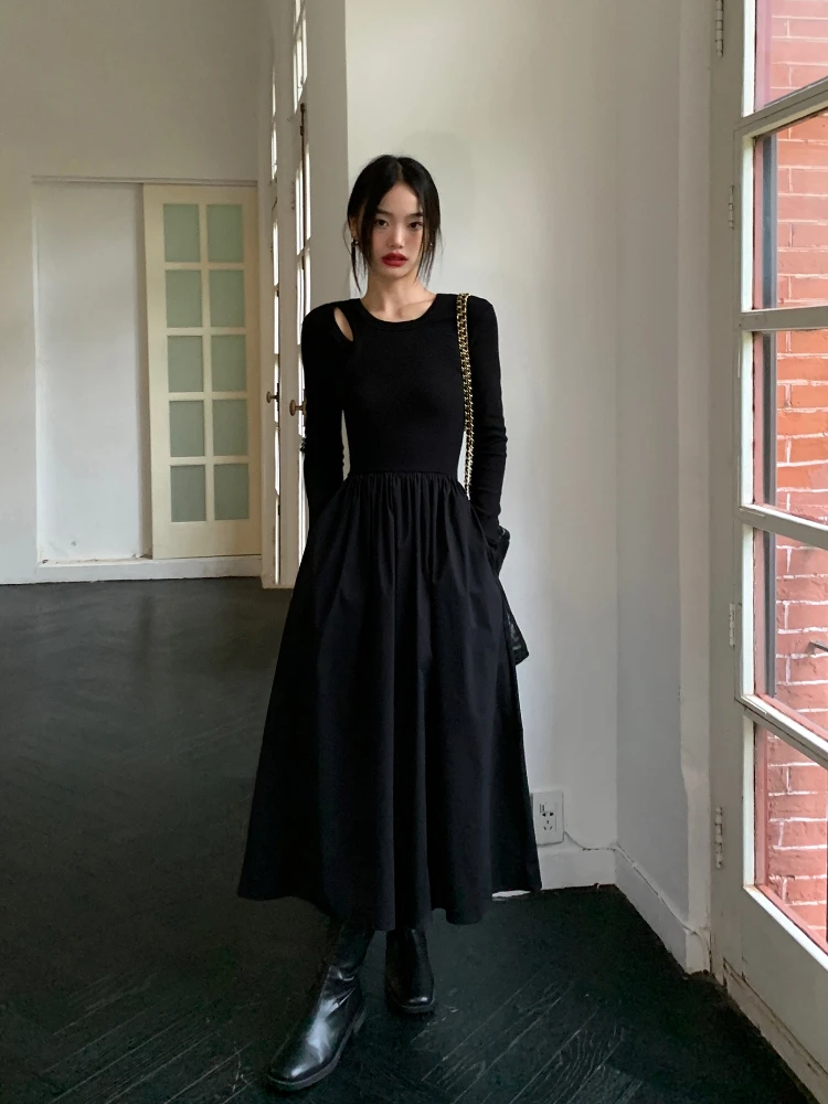 

Vintage Knitting Maxi Wedding Dresses for Women Clothing O Neck Office Lady Casual Pockets Bodycon Midi Dress Winter 2022 Black