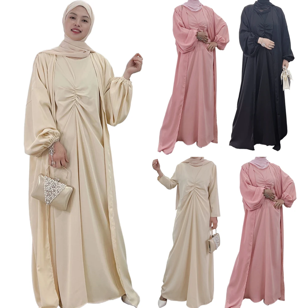 

Ramadan Matching Muslim Sets Hijab Dress Plain Eid Abayas for Women Dubai Open Abaya Turkey Inner Dresses African Islam Clothing