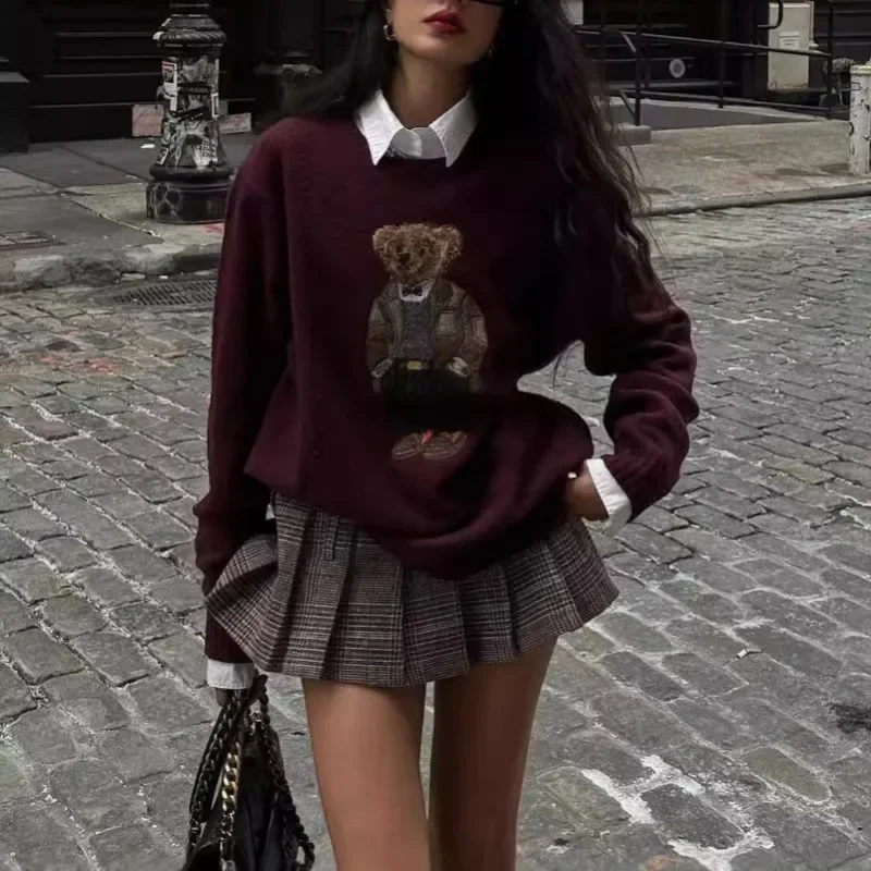 Осень и зима новая женская одежда плюшевый мишка с вышивкой круглый вырез