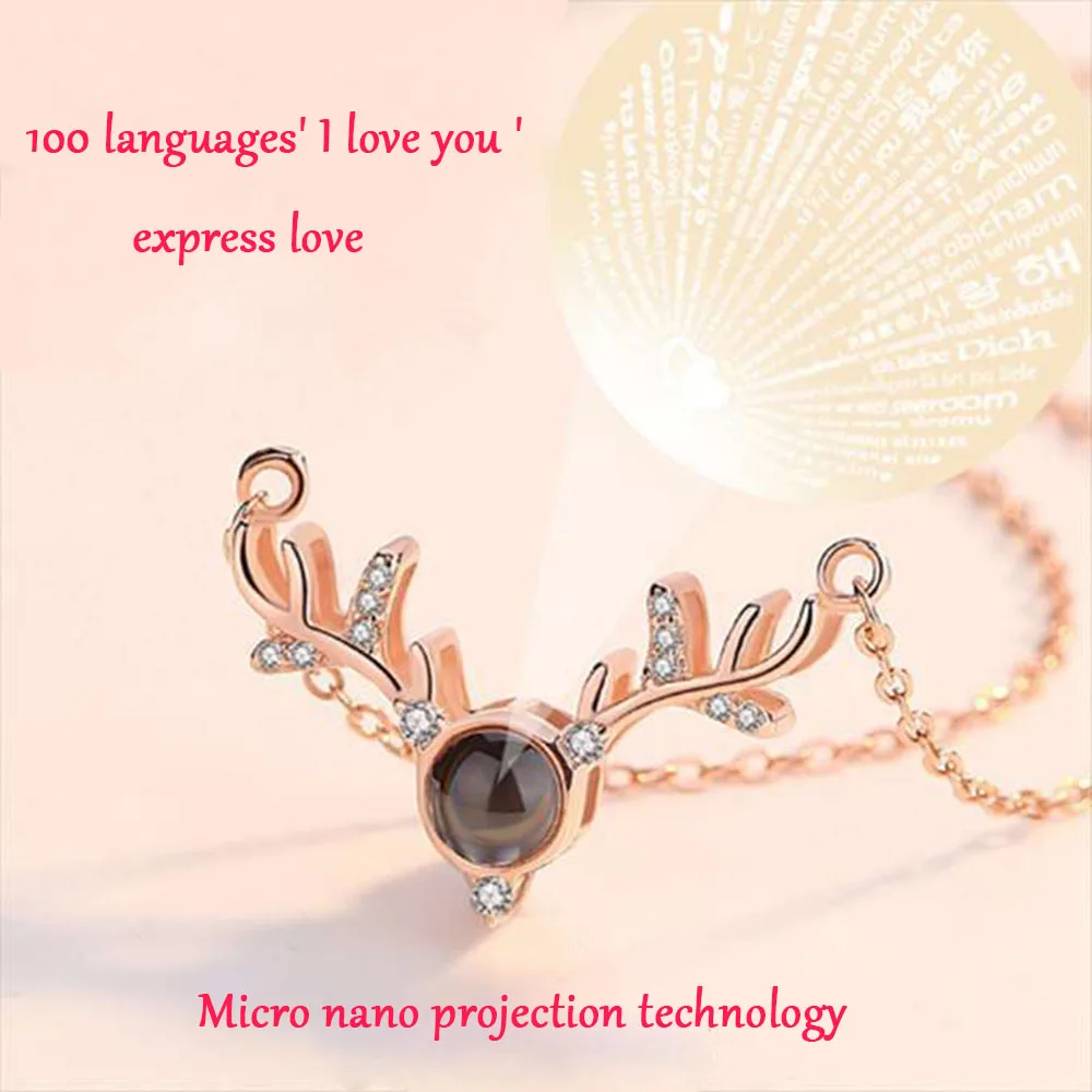 

Rose Gold 100 languages I love you Projection Pendant Necklace Romantic Love Memory Wedding Necklace