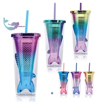creative double layer straw cup sequined glitter cup colorful coffee juice straw mug mermaid shaped cup with straw and lids