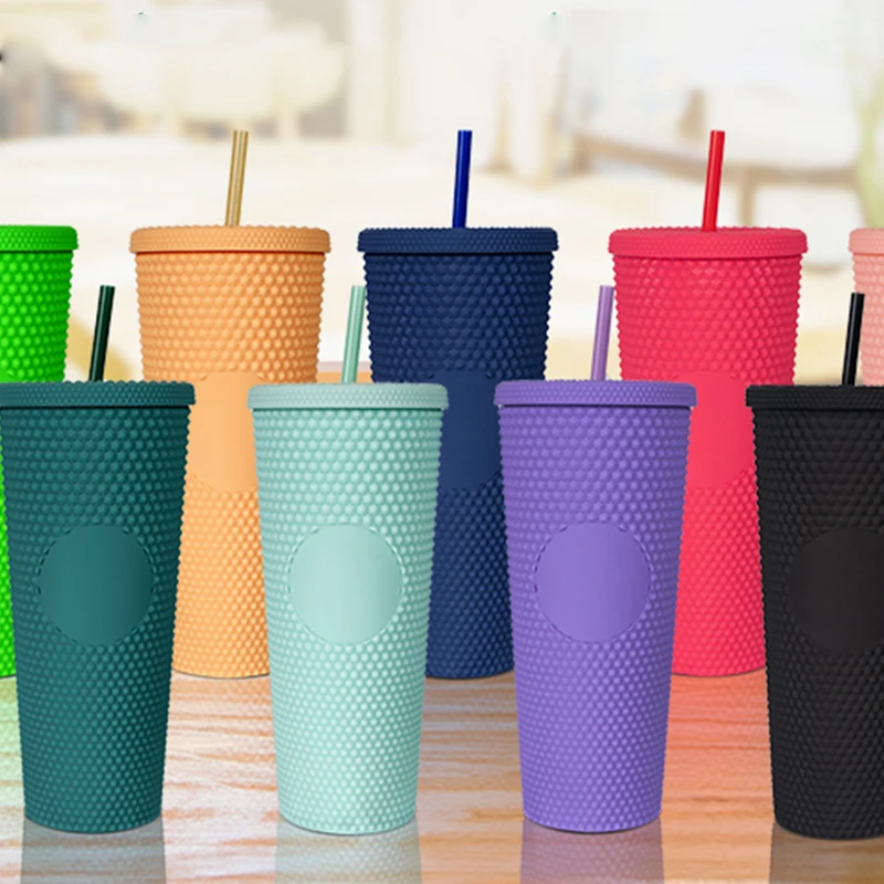 

Factory Direct 700ml 24oz Blank DIY Pink Matte Black Studded Straw Ice Cold Coffee Tumbler Cup with Lid and Straw No Logo