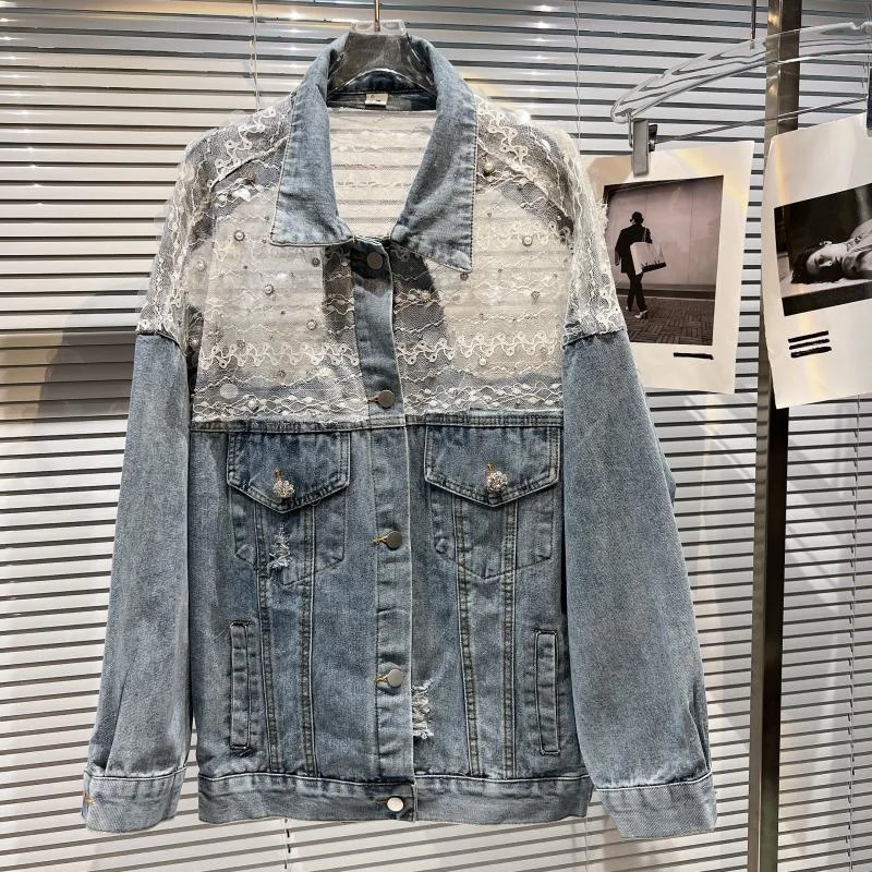 

Mesh Sequin Pearls Flower Patchwork Denim Jacket Blue Spring Women Jean Coat