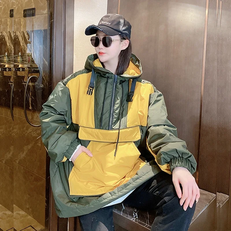

2022 Spring Contrast Color Hooded Women Thin Pullover Cotton Coat Loose Long Sleeve Big Pocket Yellow Beige Red Female Outwear