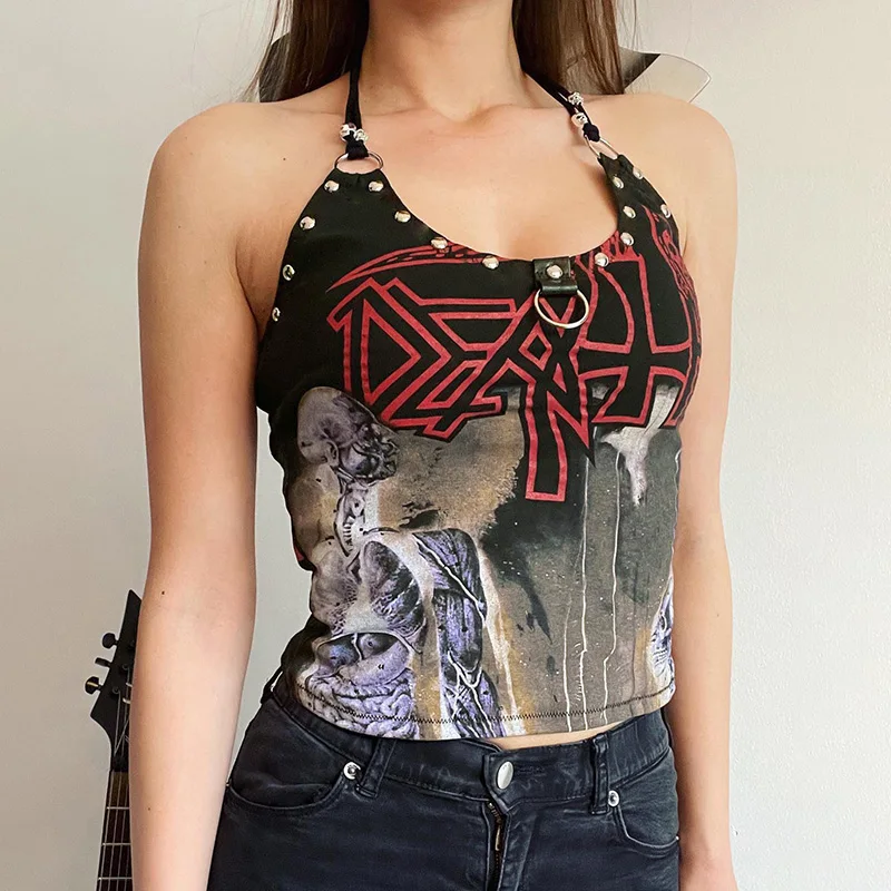 

Helisopus Gothic Rivet Pattern Tank Top Women Summer Camisole Black Sexy Backless Crop Top Trend Hip-hop Women's Clothing