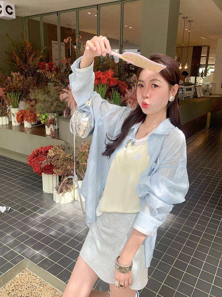 Летний топ Zeng Xiaoxian с блестящей водой в Корейском стиле тонкий синий длинным