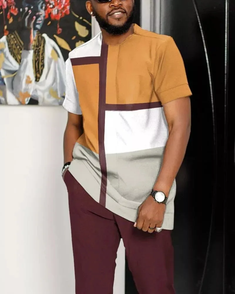 Summer Men T Shirt Short Sleeve Long Pants 2 Piece Striped Oversized Streetwear Casual Suit Trousers Outfit Loose Home Clothing