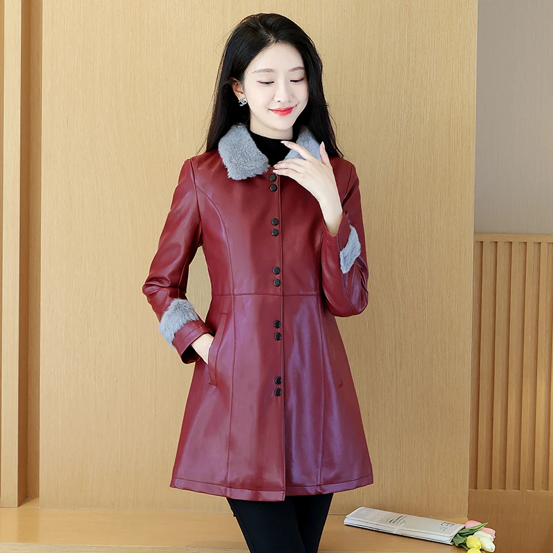 

4XL осенне-зимнее женское пальто из искусственной кожи новинка 2023 кожаная куртка женские пальто длинные тонкие мотоциклетные куртки женская одежда черная