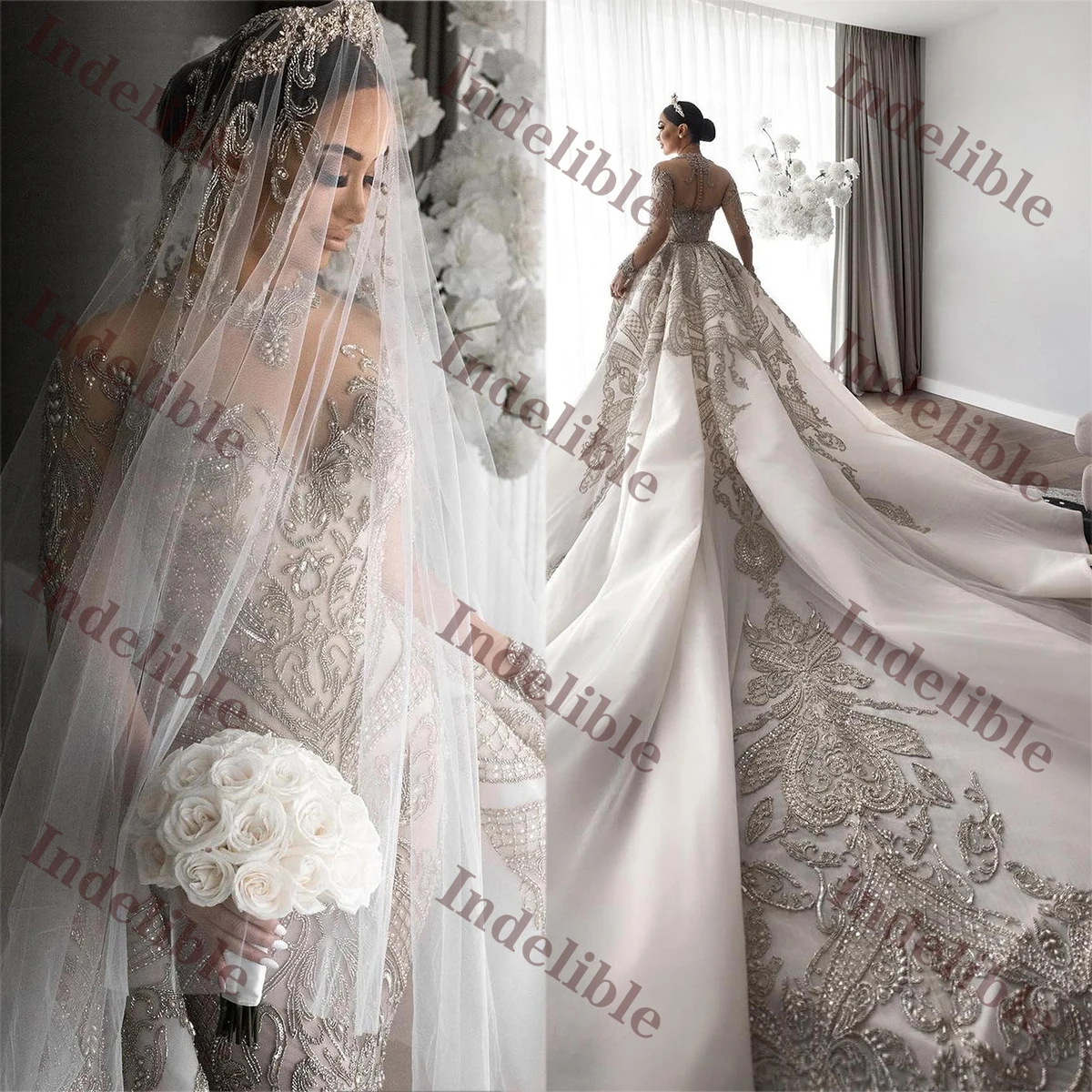 

Classic A-Line Wedding Dresses New Silvery Pearls Appliques Fit Slim Prom Gown Big Brush Train Vestidos De Novia Size Customized