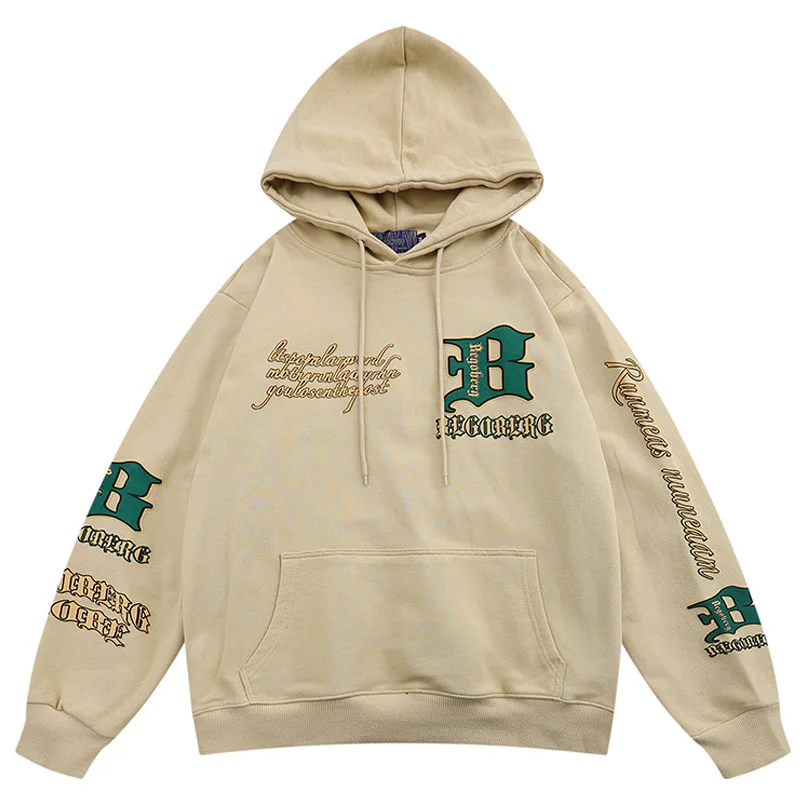 

Mens Hip Hop Hoodie Sweatshirt Streetwear Vintage Letter Print Fleece Hooded 2023 Harajuku Cotton Pullover Hoodies Khaki Black