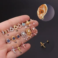 stainless steel piercing earrings zircon flower ear bone stud cochlear screw ins helix cartilage tragus piercing jewelry 16g