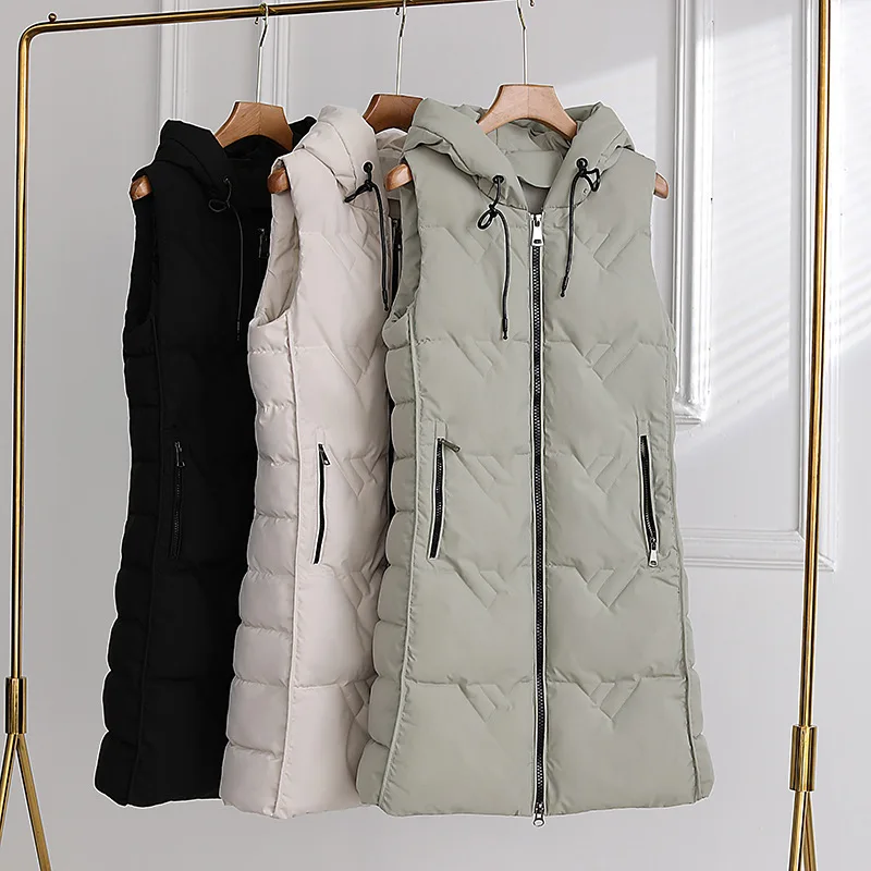 Women Autumn Winter Hooded Sleeveless Windproof Long Vest Coat Outwear Puffer Jacket Cotton Padded Parkas Waistcoat Puffer