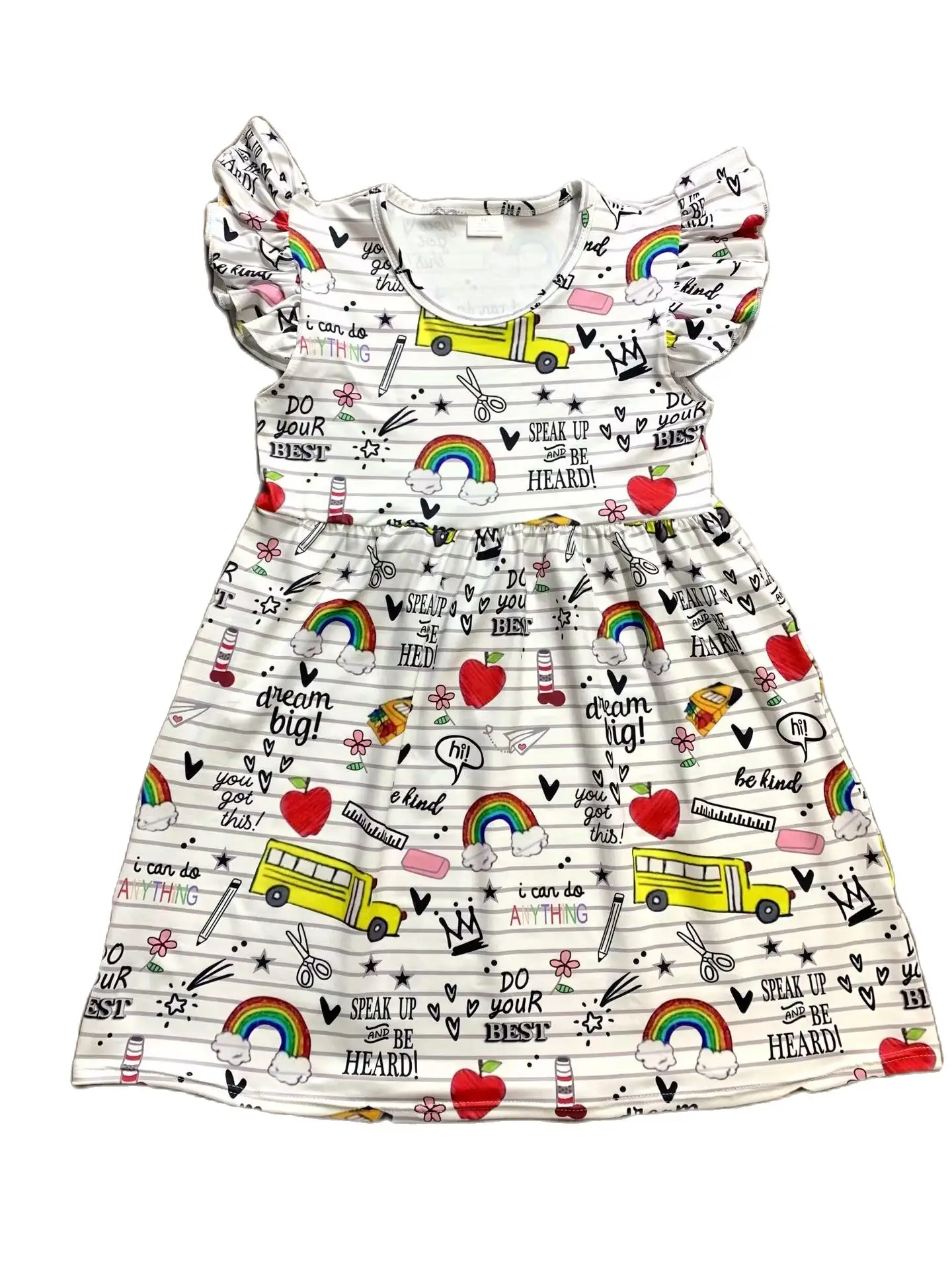 

Back To School Summer Boutique Girls Children's Wear Pencil School Bus Print Pattern Wrinkled Cuffs Knee Length Dress