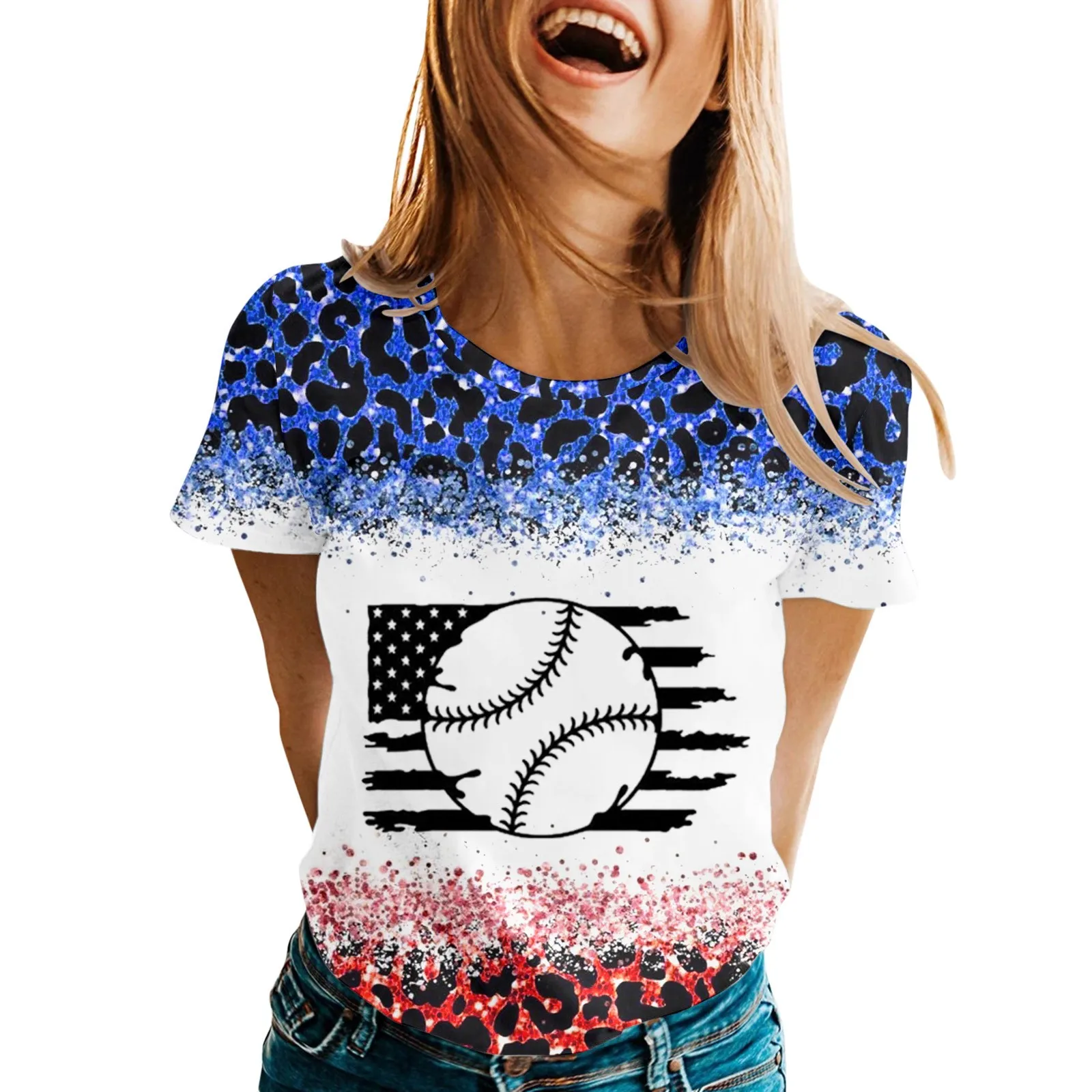 

Womens Spring Summer Cool Independence Day Printed Casual Short Sleeve O Neck T Shirt Top Blouse