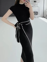 new 2022 summer korean chic elegant stand collar belt knitted sweater dresses for women fashion casual long dress vestidos robes