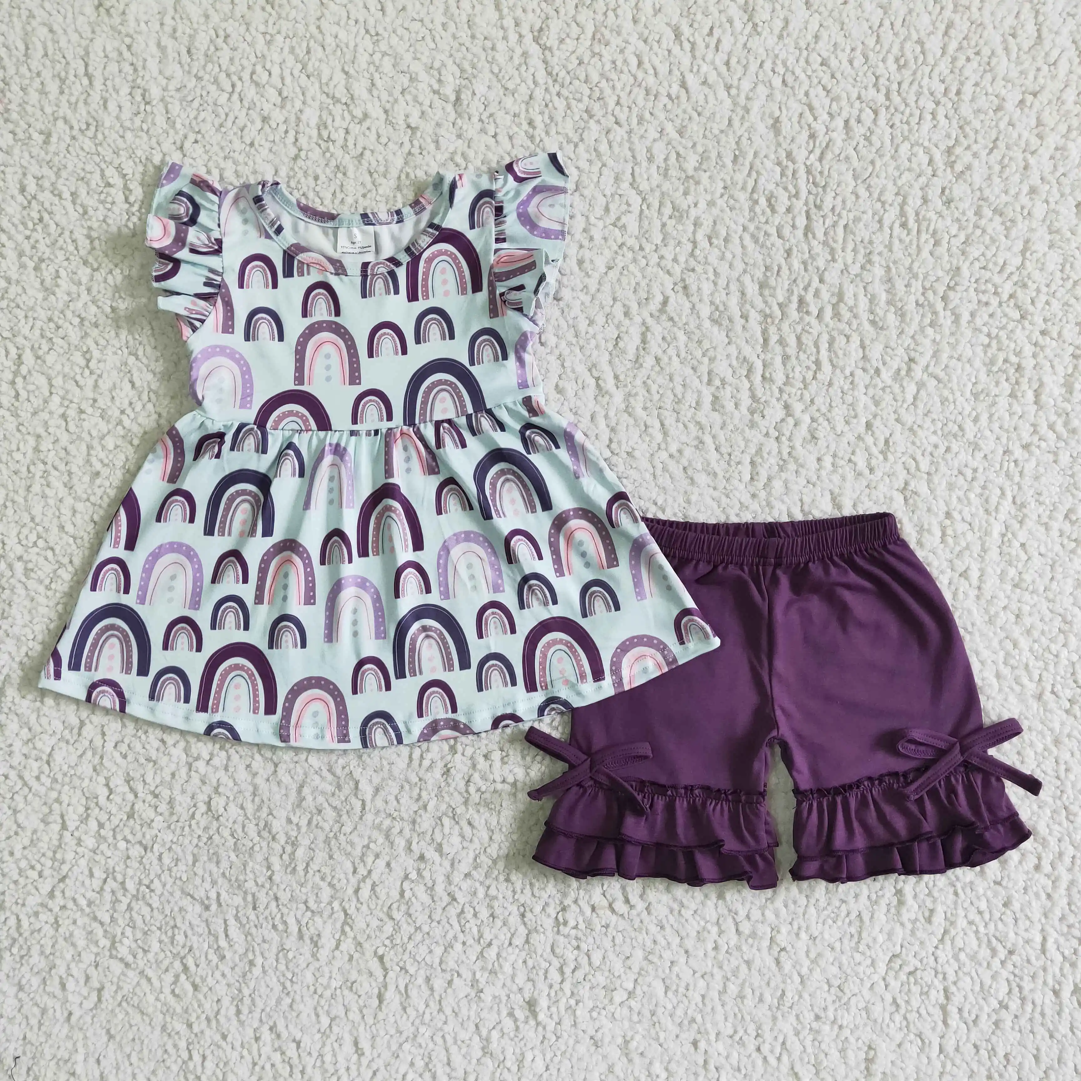 

wholesale baby girl clothing set fashion kids clothing flutter sleeve t shirt and purple shorts toddler summer outfit