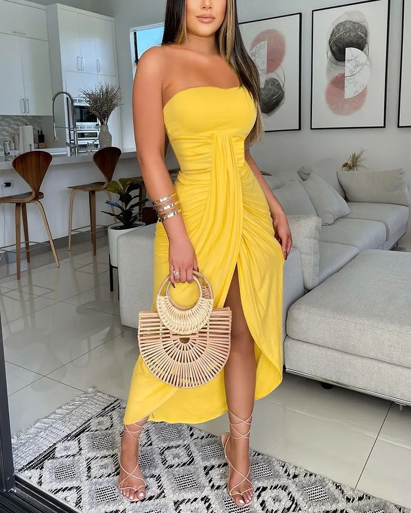 

Women's Midi Dress Summer 2022 New Solid Color Strapless Pleated Split Sleeveless Sexy Dresses