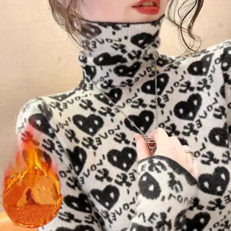 Купи Autumn Winter Fashion Elegant Print Plush Thick Warm High Collar Basic Top Female Casual Slim Long Sleeve T Shirt Women Clothing за 883 рублей в магазине AliExpress