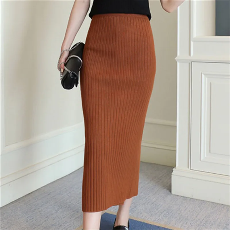 Woolen Skirts for Women Long Faldas Largas Knitted Saias Midi Slim Office Autumn Winter Jupe Femme Pencil Skirt Black Ropa Mujer