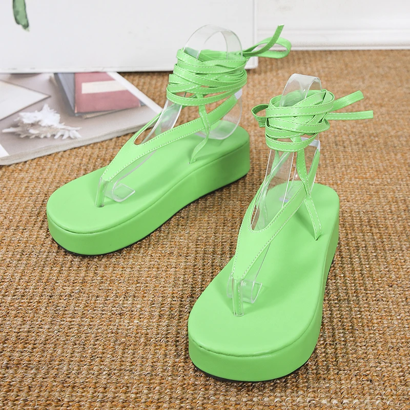 Women Bandage Flats Fashion Clip Toe Flip Flops Shoes for Ladies Wedge Sandals Outdoor Sandals Sexy Lace Up Platform Sandals