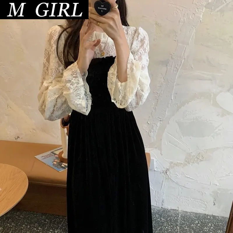 

M GIRLS Dresses Women Vintage French Flare Sleeve Korean Style Lace Patchwork Fashion Leisure Elegant Temperament Ladies Vestido