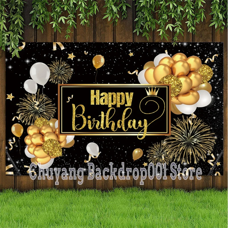Black Gold Happy Birthday Backdrop Firework Balloon Adult Party Photo Background Banner Decorations Supplies