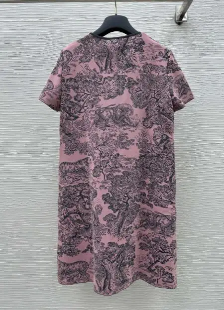 

New Fashion Women Short Sleeve Dress Flower Printed A-line Office Lady's Dress Pink O-neck Clothes