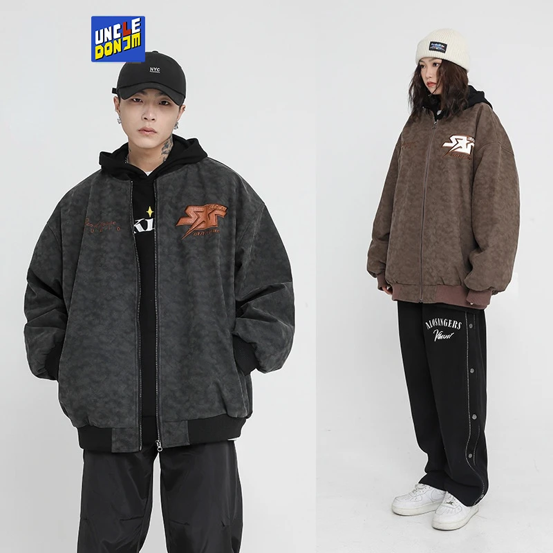 Roupas de Moda Cabolsa de Grandes Uncledonjm Lavado Vintage Punk Solto Bombardeiro Jaqueta Carta Bordado Hip Hop Masculina Dimensões