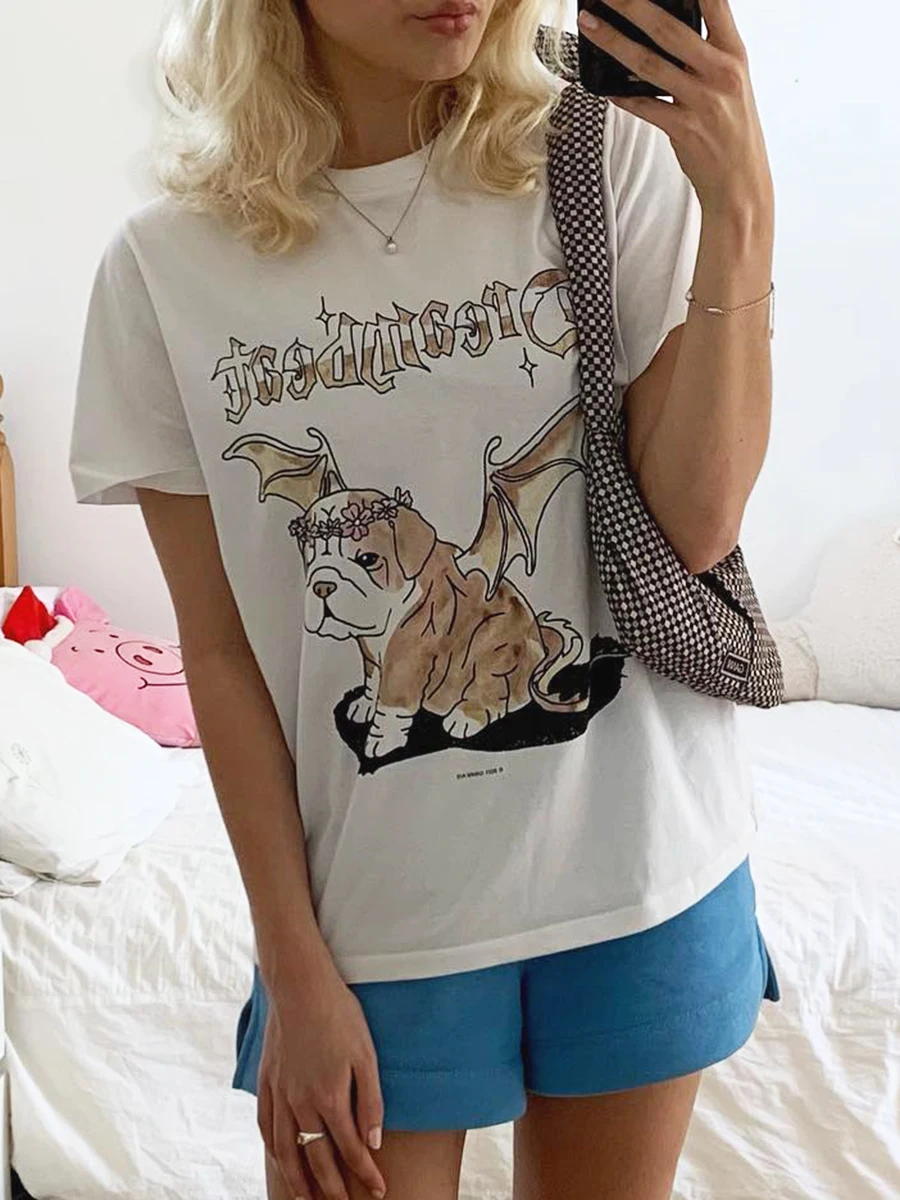 

Dog Animal T-Shirt Ladies Summer Short Sleeve Round Neck Cotton Tee Shirt 2022 Csual Classic Graphic Streetwear Tshirt Top Women