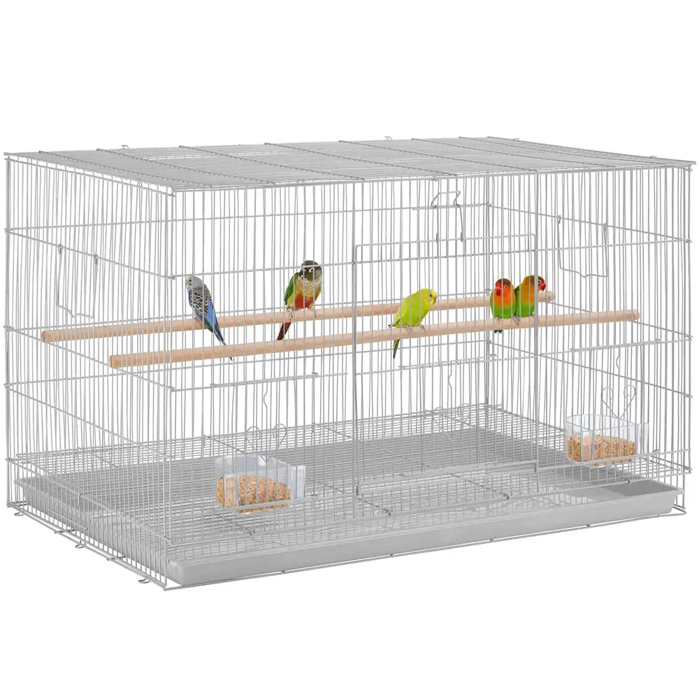

30" Bird Cage with Slide-Out Tray and Wood Perches, Light Gray