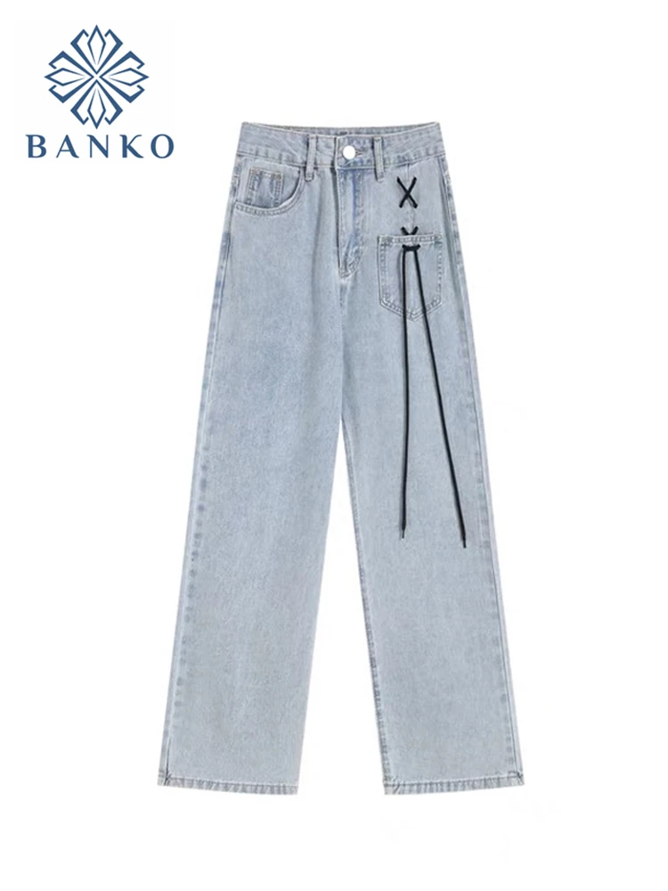 Женские джинсы с высокой талией одежда из денима широкими штанинами синяя