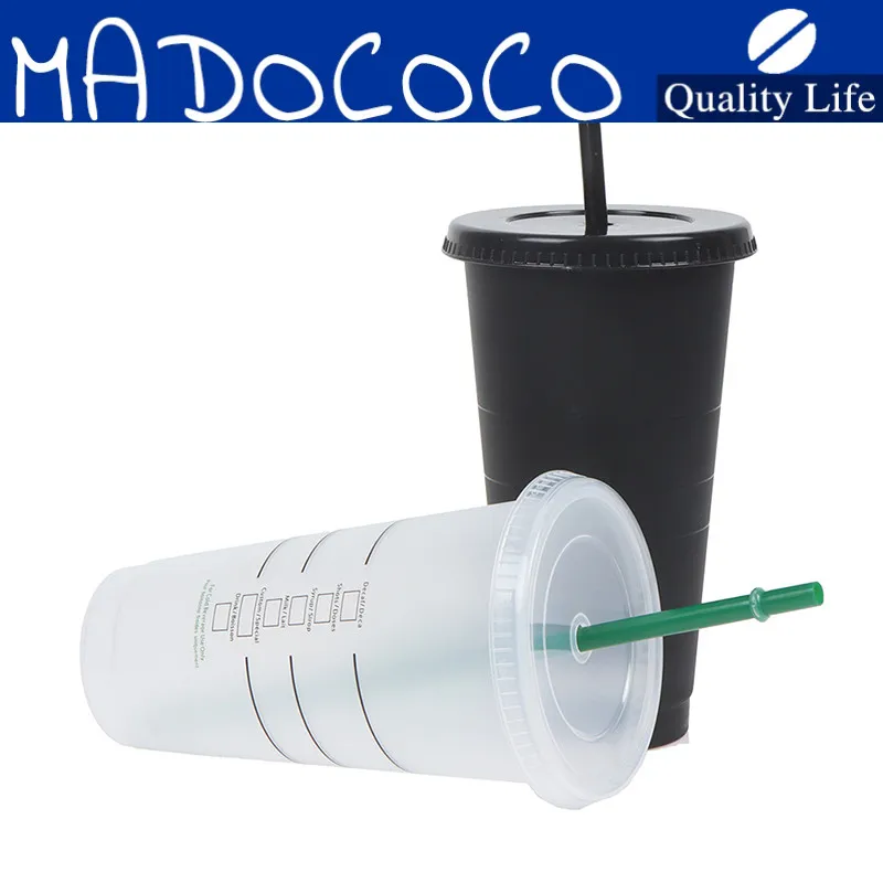 

Hot Sale 710ml Black White Straw Cup With Lid Color Change Coffee Cup Reusable Cups Plastic Tumbler Matte Finish Coffee Mug