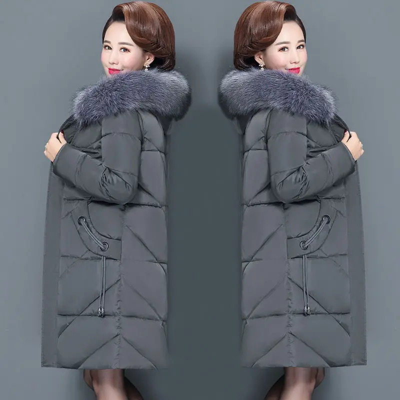 Middle-aged Mother Winter Coat Thicken Slim Cotton Padded Jacket Windproof Loose Female Warm Fur Collar Hooded Parkas Outwear