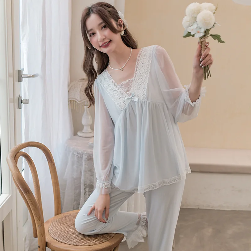 Court Style Pajamas Women's Spring Autumn Lace Home Clothes Princess Style Long Sleeve Mesh Modal 2Pcs Suit Lady Sleepwear